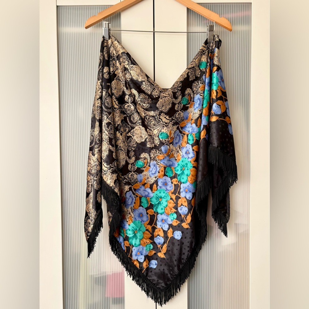 Vintage Thrifted Floral Shawl/Scarf with Fringe